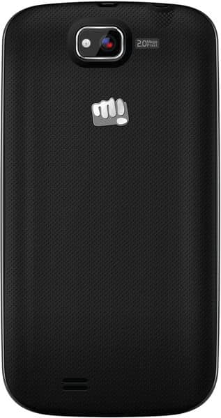 Micromax Bolt A71 rear view, black textured back with 2.0MP camera, white fist logo, and speaker grille