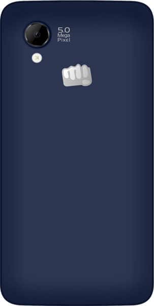 Micromax Bolt AD4500 rear view, dark blue back with 5.0 megapixel camera, LED flash, and white logo