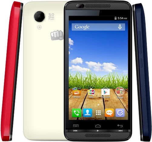 Micromax Bolt AD4500 smartphone shown from front and side views, displaying home screen with Google search bar and app icons