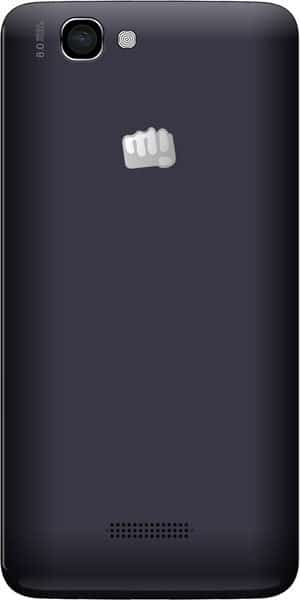Micromax Canvas 2 Colours A120 rear view, black smartphone with camera and logo visible