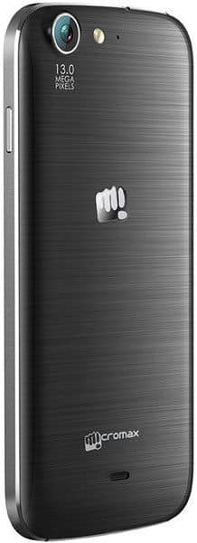 Micromax Canvas 4 smartphone, rear view, showing black textured back, 13.0 megapixel camera, and Micromax branding