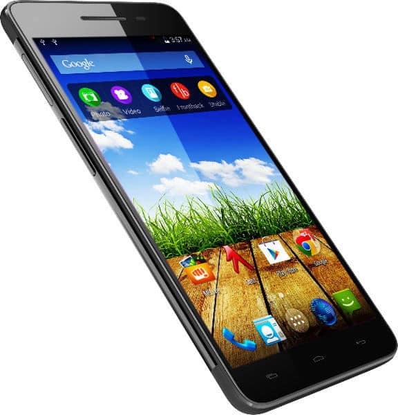 Micromax Canvas 4 Plus front view, displaying home screen with Google search bar, app icons, and nature wallpaper with sky, grass, and wooden planks