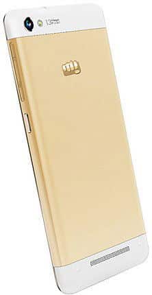 Micromax Canvas 4 Plus front view, gold and white smartphone with camera and speaker visible at top