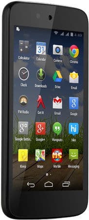 Micromax Canvas A1 smartphone shown from front angle with screen displaying home screen apps including Calculator, Camera, Chrome, Clock, and Gmail icons