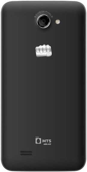 Micromax Canvas Blaze, rear view. Black smartphone with camera lens and fist logo, MTS branding at bottom