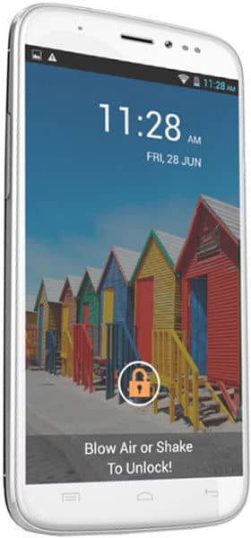 Micromax Canvas Doodle 2 smartphone displayed front-on, showing lock screen with time 11:28 AM and colorful beach huts wallpaper