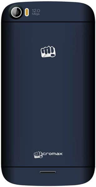 Micromax Canvas Doodle 2 rear view, dark blue phone with fist logo, 12.0 megapixel camera indicator visible