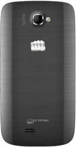 Micromax Canvas Engage rear view, showing black textured back panel with camera lens and Micromax branding