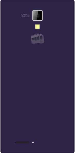 Micromax Canvas Express rear view, purple back with camera, flash, and speaker grille visible