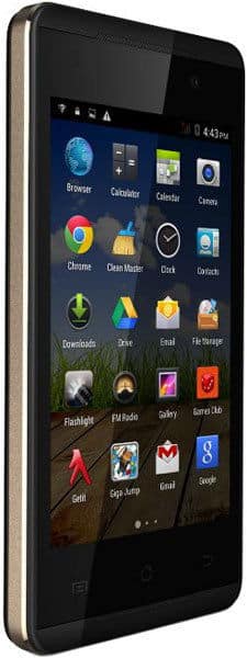 Micromax Canvas Fire A093 smartphone displayed at an angle, showing home screen with app icons including Browser, Calculator, Chrome, and other preinstalled applications