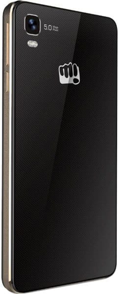 Micromax Canvas Fire A093 rear view, black with textured back and fist logo, 5.0MP camera visible at top