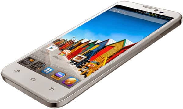 Micromax Canvas HD smartphone front view, white, displaying colorful boats on screen with blue sky and app icons at bottom