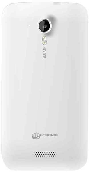 Micromax Canvas HD smartphone, rear view showing white back panel with 8-megapixel camera and speaker grille
