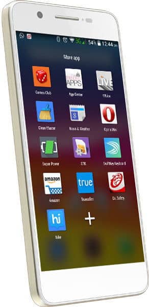 Micromax Canvas Hue smartphone displayed at front angle, white device with screen showing app icons and home screen interface
