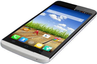Micromax Canvas L smartphone, front view with blue sky homescreen and colorful app icons displayed