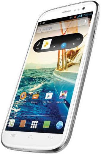 Micromax Canvas Magnus front view, white smartphone displaying home screen with ocean and sailboat wallpaper and app icons