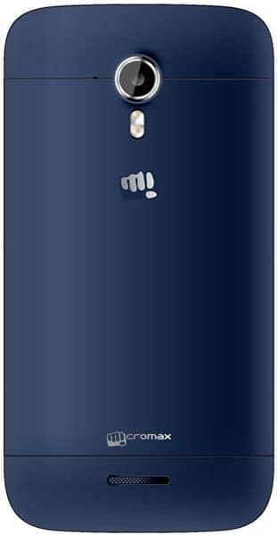 Micromax Canvas Magnus rear view, dark blue phone with circular camera lens and speaker grille visible