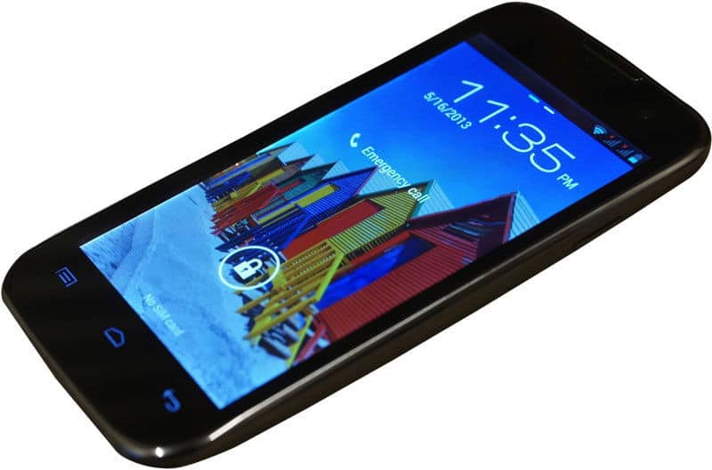 Micromax Canvas Music smartphone displayed at an angle, showing blue lock screen with time 7:35 PM and colorful geometric graphic design