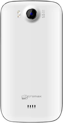 Micromax Canvas Music rear view, white phone with camera lens and speaker grille visible