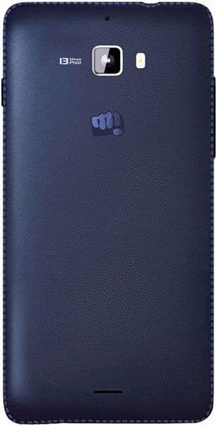Rear view, Micromax Canvas Nitro in dark color with textured back, 13 MP camera, flash, and raised fist logo.