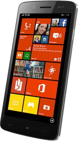 Micromax Canvas Win smartphone displaying Windows Phone home screen with colorful tiles including contacts, photos, and apps