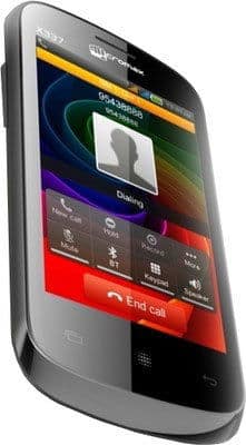 Micromax x337 smartphone displayed at an angle showing colorful home screen with app icons and call interface
