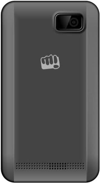 Micromax X367 rear view, gray phone with fist logo and camera module