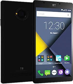 Micromax Yu Yunique front and rear view, black smartphone displaying home screen with apps and time 12:30