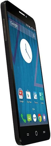 Micromax Yu Yureka smartphone, front view, displaying home screen with clock and app icons on blue background