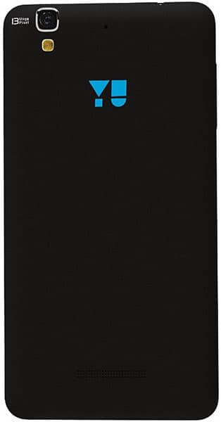 Micromax Yu Yureka rear view, black phone with blue Yu logo, camera and gold accent in upper left corner