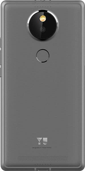 Micromax Yu Yutopia rear view, showing circular camera lens with gold accent, fingerprint sensor, and Micromax branding on gray back panel