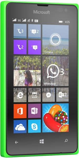 Microsoft Lumia 435 in bright green, front view, displaying home screen with colorful app tiles including Cortana, WhatsApp, Office, and Candy Crush