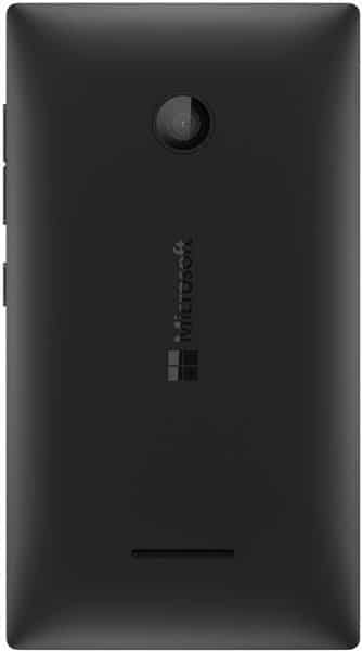 Microsoft Lumia 435 rear view, black phone showing camera lens and Microsoft branding on back panel