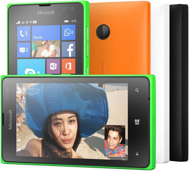 Microsoft Lumia 435 shown from front and rear views with bright green case, displaying home screen and video call interface on screens