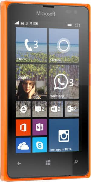 Microsoft Lumia 532 front view, orange frame with dark screen displaying home tiles including Phone, Camera, WhatsApp, Office apps, and Instagram