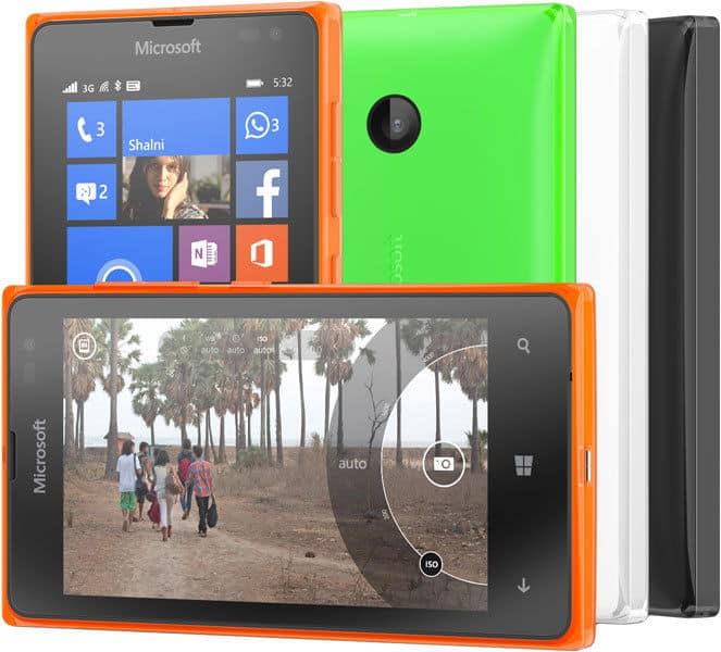 Microsoft Lumia 532 in orange shown from front, rear, and side views, displaying home screen with apps and camera interface
