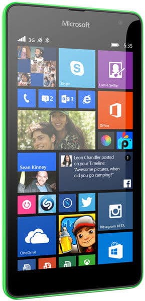 Front view of green Microsoft Lumia 535 showing home screen with colorful square app tiles and time set to 5:35.