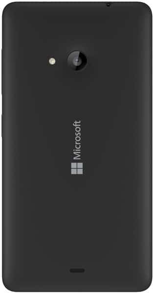 Rear view of black Microsoft Lumia 535 showing camera, flash, speaker, and vertically centered Microsoft logo on back cover.