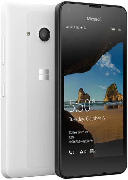 Microsoft Lumia 550 front and rear view, white back with camera, black screen displaying lock screen with beach photo and time 5:50