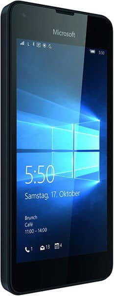 Microsoft Lumia 550 front view displaying Windows lock screen with time, date, and app shortcuts