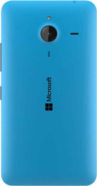 Microsoft Lumia 640 XL rear view, bright blue back panel with camera lens, speaker, and Microsoft logo visible