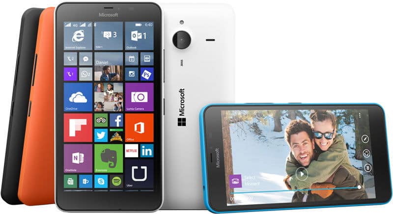 Microsoft Lumia 640 XL shown front and rear views in white, black, and orange, displaying colorful tile interface and camera screen