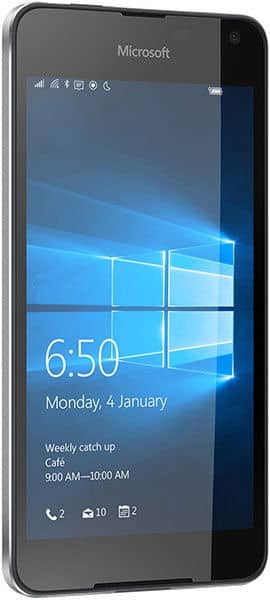 Microsoft Lumia 650 smartphone, front view, displaying Windows lock screen with time 6:50 and calendar event details