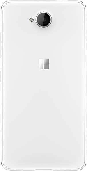 Microsoft Lumia 650 rear view, white phone with circular camera lens and Windows logo