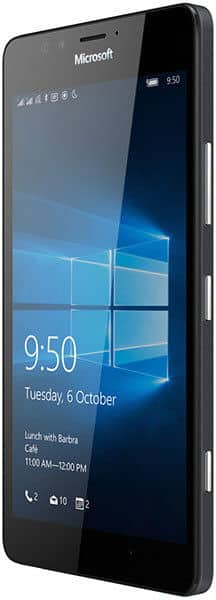 Front view of black Microsoft Lumia 950 showing Windows 10 start screen; side buttons visible on right edge.