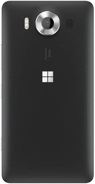 Rear view of black Lumia 950 shows camera, dual-LED flash, speaker grille, white Microsoft logo, and Zeiss branding near lens.