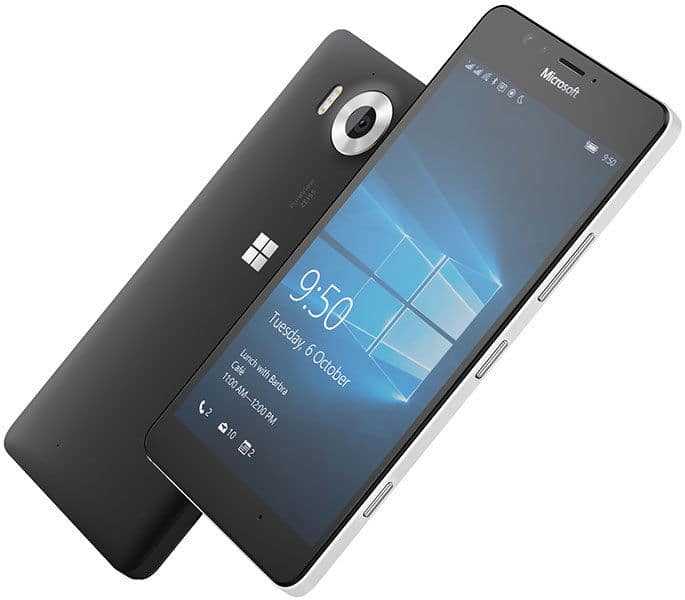 Front view of a Lumia running Windows 10 next to rear view of Lumia 950 showing Microsoft logo and camera.