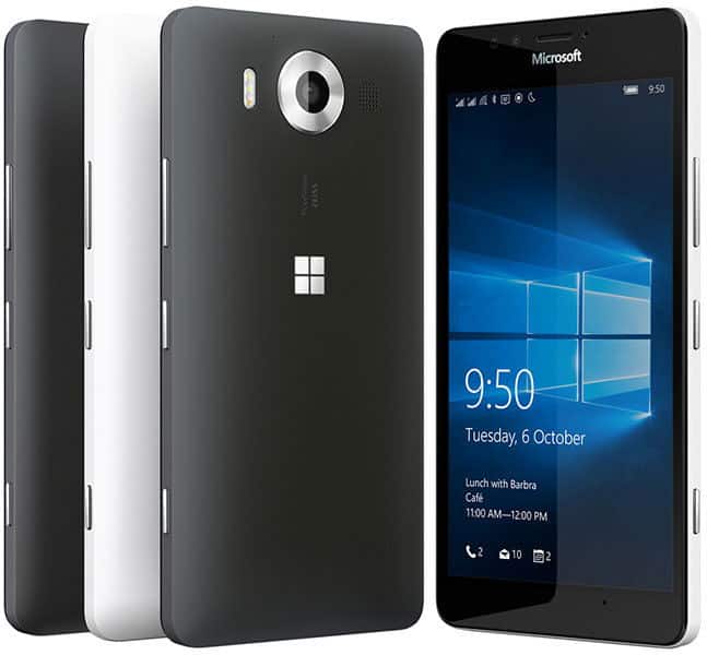 Microsoft Lumia comparison: rear view in black and white, plus Lumia 950 front view with Windows 10, date 6 Oct, time 9:50.