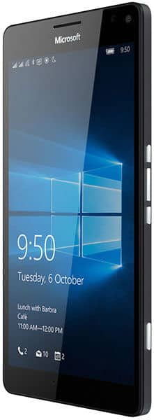 Microsoft Lumia 950 XL front view displaying Windows 10 home screen with time, date, and notifications