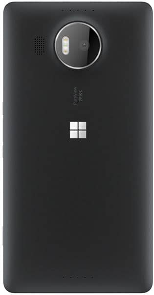 Microsoft Lumia 950 XL rear view, black phone with circular camera lens and Windows logo centered on back
